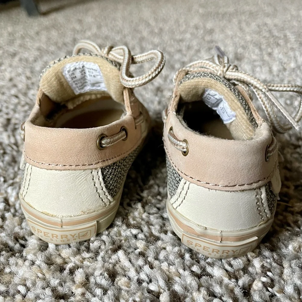 Sperry Bluefish Prewalker Baby Tan and Gray Boat Shoes Size 2M Preppy
